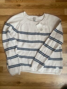 Women’s Cream Crewneck Sweater with Navy Stripes